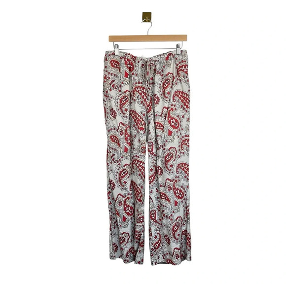 H&M High Rise Wide Leg Paisley Pull On Pants in White/Red Size M - Picture 3 of 10